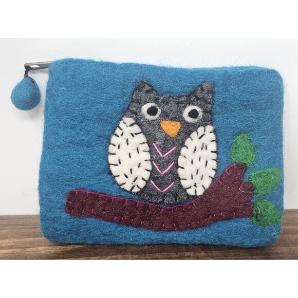 Felted Wool Owl On Branch Zippered Multicolor Coin Pouch Bag Nepal New 6"x4.5" - Picture 1 of 8